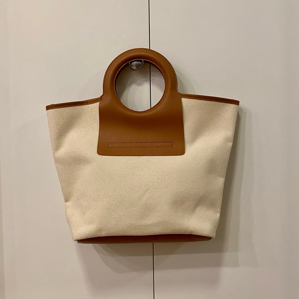 Stylish Brown Leather Trim Canvas Tote, great condition.